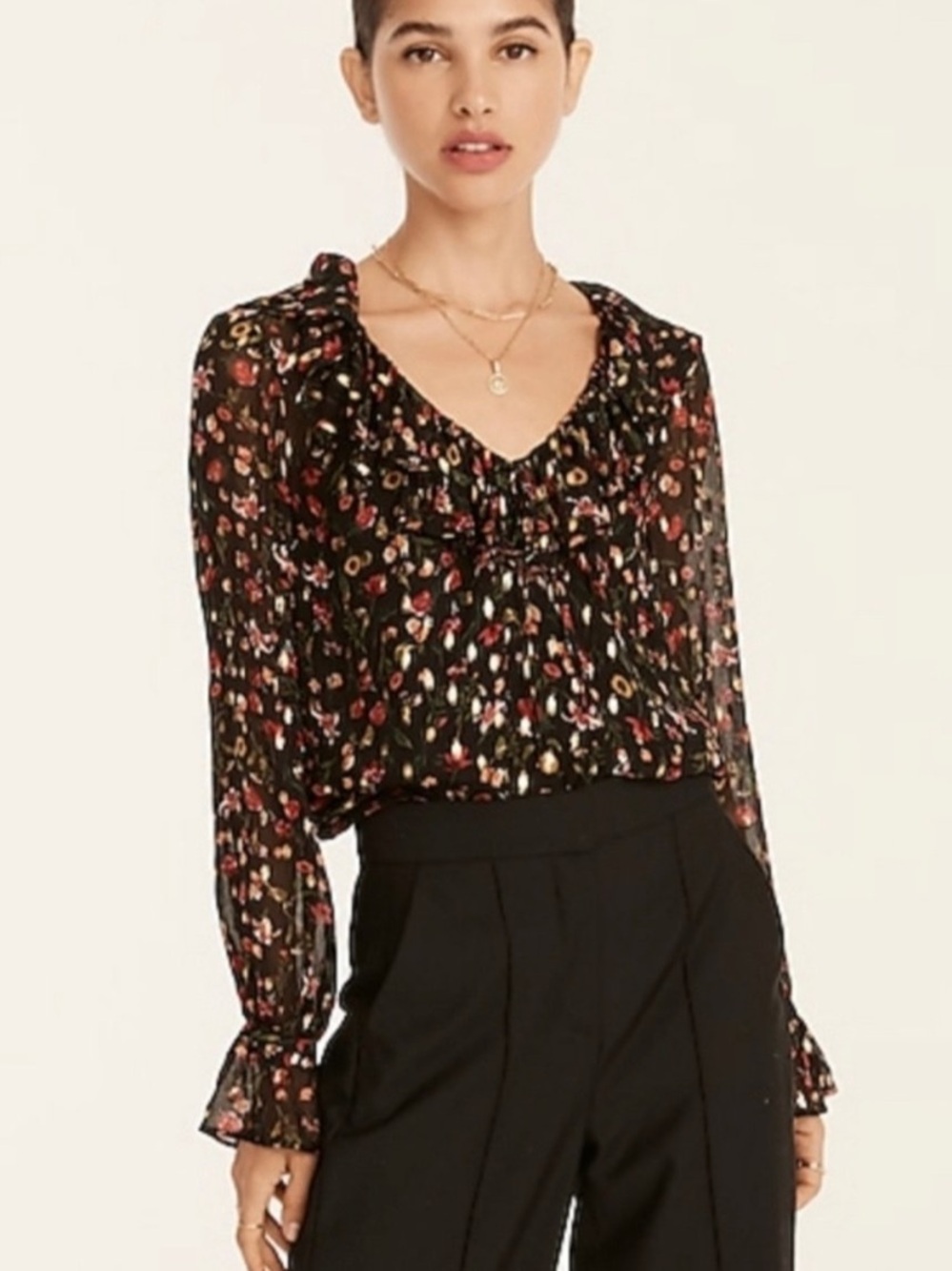 J. Crew Black Sheer Floral Ruffle-Neck Blouse
